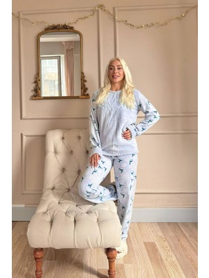 Pijama Evi Mavi Let It Snow Desenli Kadın Peluş Pijama Takımı