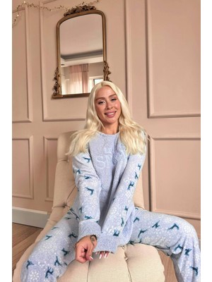 Pijama Evi Mavi Let It Snow Desenli Kadın Peluş Pijama Takımı