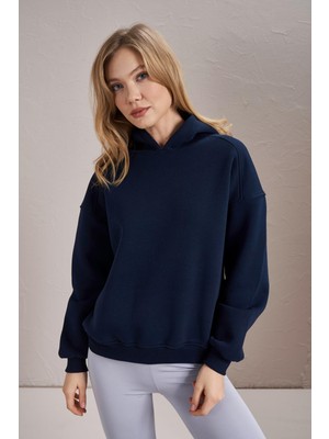 Tena Kadın Lacivert Kapüşonlu Oversize Basic Sweatshirt