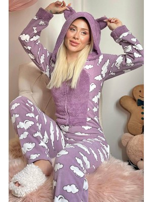 Pijama Evi Mor Bulut Desenli Kadın Polar Peluş Tulum Pijama Takımı