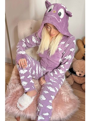 Pijama Evi Mor Bulut Desenli Kadın Polar Peluş Tulum Pijama Takımı