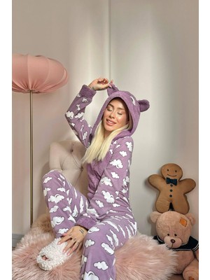 Pijama Evi Mor Bulut Desenli Kadın Polar Peluş Tulum Pijama Takımı