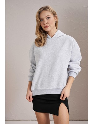 Tena Kadın Kar Melanj Kapüşonlu Oversize Basic Sweatshirt