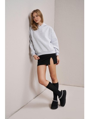 Tena Kadın Kar Melanj Kapüşonlu Oversize Basic Sweatshirt