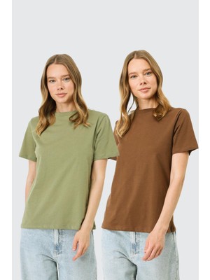 C&city Bisiklet Yaka Kısa Kol 2'li Basic T-Shirt 960 Kahverengi/Haki