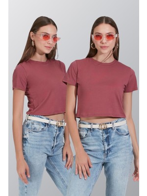 C&city Bisiklet Yaka Kısa Kol 2'li Crop T-Shirt 956 Gül Kurusu