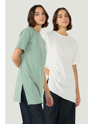 Bisiklet Yaka Yarım Kol Yırtmaçlı 2'li Uzun T-Shirt 963 Ekru/çağla