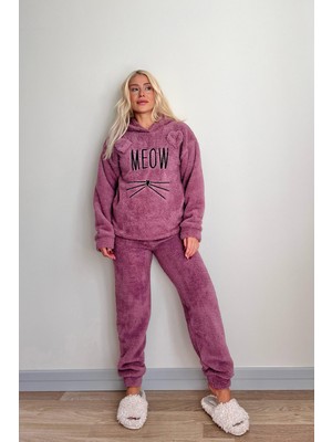Pijama Evi Lila Meow Desenli Tam Peluş Pijama Takımı