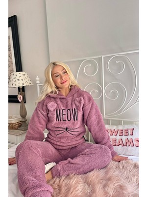 Pijama Evi Lila Meow Desenli Tam Peluş Pijama Takımı