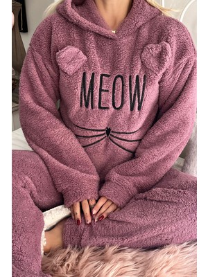 Pijama Evi Lila Meow Desenli Tam Peluş Pijama Takımı