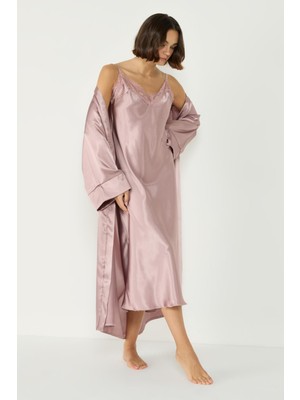 Dantel Detaylı Uzun Saten Gecelik 007 Vizon