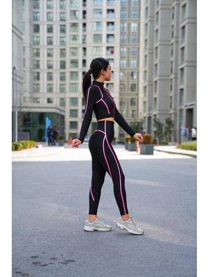 Lismina Neon Pembe Biye Detaylı Siyah Spor Tayt