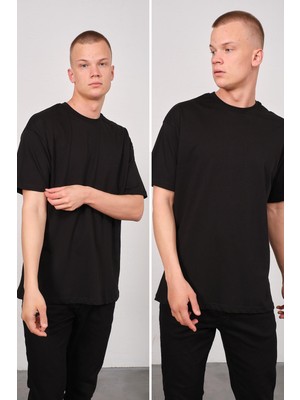 Erkek Bisiklet Yaka 2'li Oversize Basic T-Shirt 991 Siyah