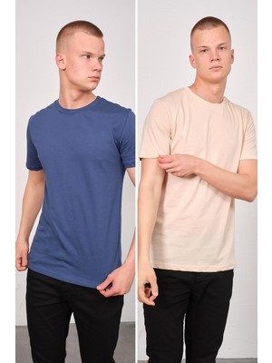 Erkek Bisiklet Yaka 2'li Regular Fit Basic T-Shirt 990 Indigo/bej