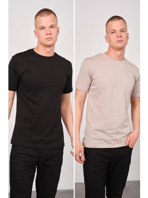 Erkek Bisiklet Yaka 2'li Regular Fit Basic T-Shirt 990 Gri/siyah