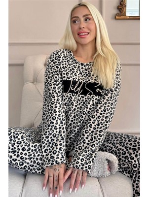 Pijama Evi Kahverengi Wild Soul Desenli Peluş Polar Pijama Takımı