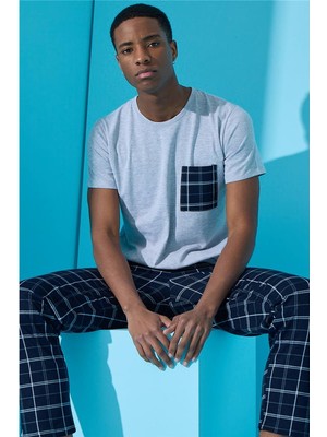 Pijama Evi Gri Double Çizgi Ekose Desenli Kısa Kollu Erkek Pijama Takımı