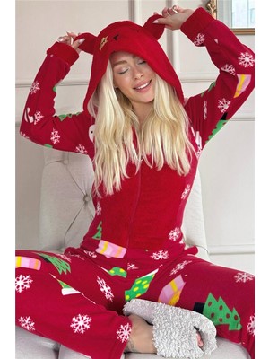 Kırmızı Crimson Desenli Kadın Polar Peluş Tulum Pijama