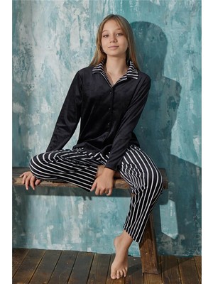 Pijama Evi Siyah Çizgi Desenli Önden Düğmeli Exclusive Kadife Kız Çocuk Pijama Takımı 