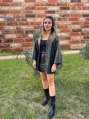 Siyah Kadın Oversize Şardonlu Suni Deri Ceket