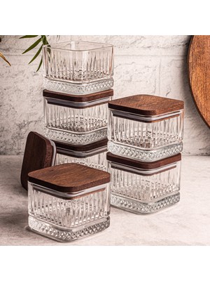 Snippy Bella Kare 6'lı Ahşap Vakumlu Kare Kapaklı Cam Kahvaltılık Çok Amaçlı Cam Çerezlik 230 ml