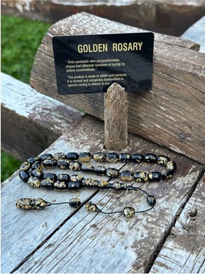 Kehribar Tesbih - Golden Rosary, Sertifikalı, Altınlı, Isim Yazılabilir Özel Ahşap Kutulu