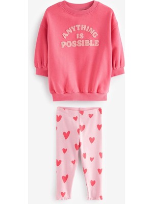 Kız Çocuk Pembe Süzene Sloganlı Kışlık 3 Iplik Pamuklu Sweatshirt Kalpli Tayt Alt-Üst Takım