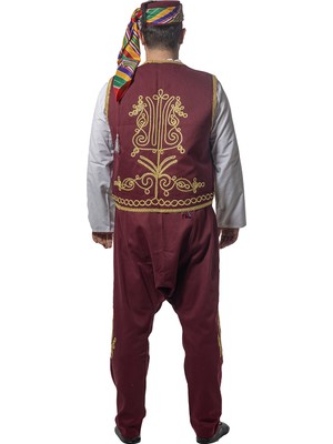 Köylü Kostüm Şerbetçi Kostümü Yetişkin Ramazan Satıcı Kıyafeti Osmanlı Işlemeli Bordo