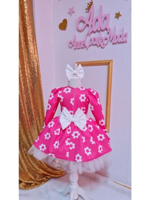 Kız Çocuk Fuşya Üzeri Beyaz Çicekli Kabarık Elbise