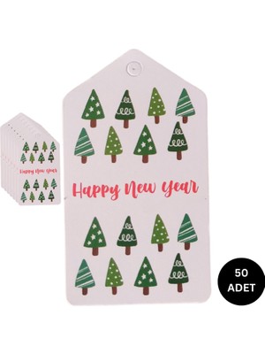 Roco Paper Co. Yılbaşı Çam Ağaçları Temalı Hediye Etiketi, Yeniyıl Paketleme Kartı-Happy New Year, 50 Adet, 4,5x8cm