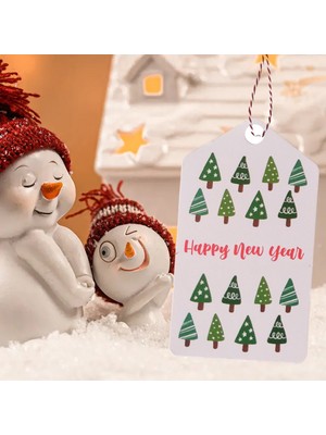 Roco Paper Co. Yılbaşı Çam Ağaçları Temalı Hediye Etiketi, Yeniyıl Paketleme Kartı-Happy New Year, 50 Adet, 4,5x8cm