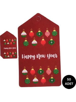 Roco Paper Co. Yılbaşı Süs Küre Temalı Hediye Etiketi, Yeniyıl Paketleme Kartı-Happy New Year, 50 Adet, 4,5x8 Cm