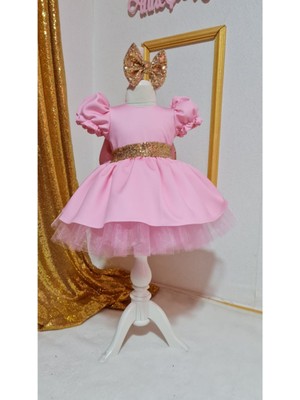 Kız Çocuk Pembe Tüllü Kabarık Gold Payet Detaylı Abiye Elbise