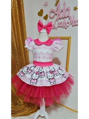 Kız Çocuk Pembe Hello Kitty Desenli Kabarık Tüllü Elbise