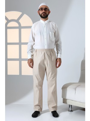 Erkek Rahat Kesim Beli Lastikli Cepli Hac ve Umre Keten Şalvar Pantolon - Bej (Krk)