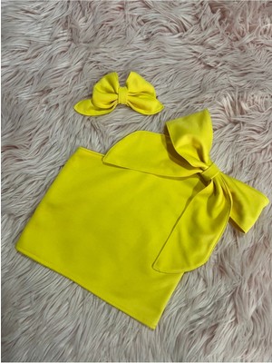 Na Addesign Kız Çocuk Tek Omuz Fiyonk Detaylı Sarı Yazlık Crop Bluz ve Tokası