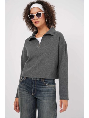 Kadın Antrasit Yakası Fermuarlı Örme Sweatshirt HZL25W-BD1554491