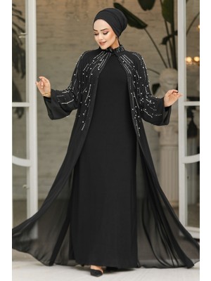 Neva Style Boncuk İşlemeli Siyah Tesettür Abaya Takım 46151S
