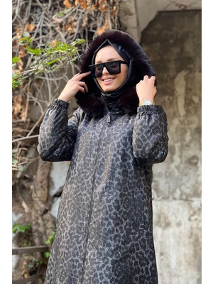 Kayra Leopar Desen Suni Kürklü Mont KY-A23-87003 Siyah