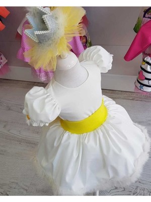 Kız Çocuk Beyaz Papatya Detaylı Etek Ucu Tüylü Kabarık Elbise