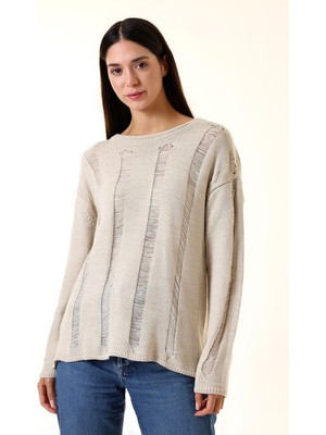 Kadın Jakarlı Taş Rengi Triko Kazak