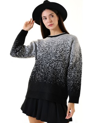 Union And Joy Kadın Desenli Gri Siyah Triko Kazak