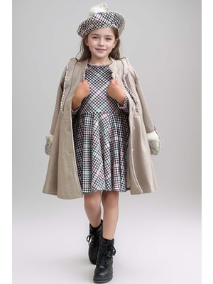 Kız Çocuk Kazayağı Desen Elbise Kolları Peluş ve Omuzları Inci Işleme Kemerli Fildişi Kaşe Kaban