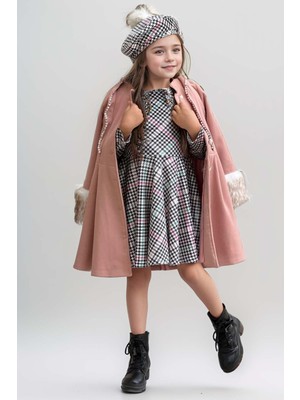 Kız Çocuk Kazayağı Desen Elbise Kolları Peluş ve Omuzları Inci Işleme Kemerli Pembe Kaşe Kaban