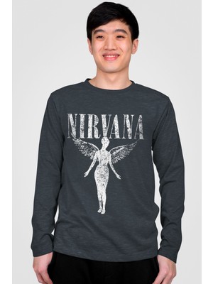 Rock&Roll Melek Nirvana Antrasit Bisiklet Yaka Uzun Kol Erkek Tişört