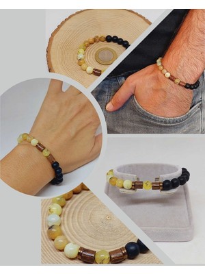 Yaşam Tohumu Opal Sarı Alacalı Renk & Oniks Taşı 8mm  Tasarım Bileklik Hawaii Model (36135)