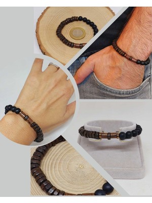 Yaşam Tohumu Ahşap Kahverengi Renkli & Oniks Taşı 8mm  Tasarım Bileklik Hawaii Model (11127)