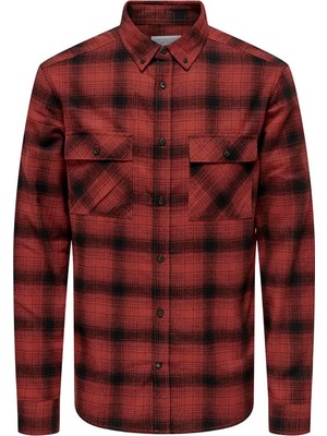 Only & Sons Erkek Onsmatt Uzun Kollu Regular Fit  Pamuk Gömlek 22030127 Kırmızı