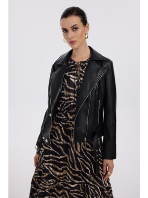 Ekol Kadın Metal Süs Düğmeli Deri Mont 6007 Siyah