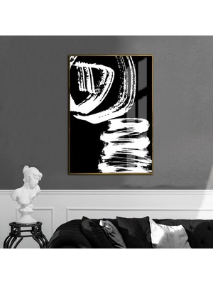 Harikabirev siyah-Beyaz Abstract Desen 02|çerçeveli Temperli Cam Tablo Tekli Dikey